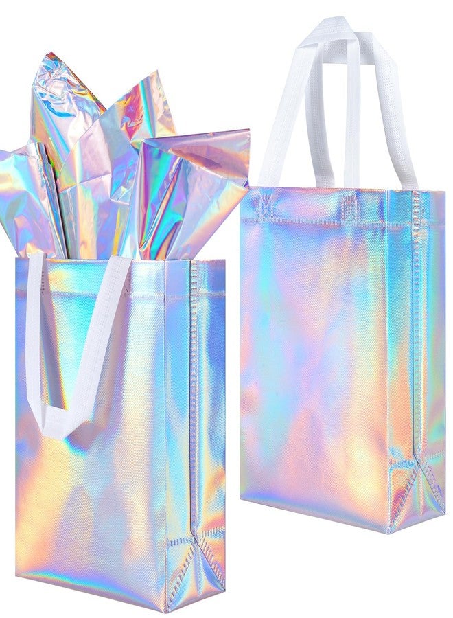 Lzerking 50-Pack Reusable Gift Bags (10x8x4 Inches) Holographic Non-Woven Eco-Friendly Party Favor Bags with Handles for Weddings, Christmas, Birthdays, Bulk Gift Packaging - Image 1